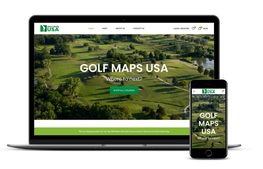 Computer & phone screen showing homepage of golf maps USA website, a green web design example by us